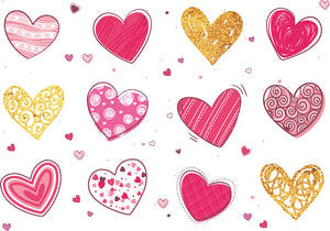 Feuille de stickers repositionnable MyGomet comprenant 12 cœurs de différentes couleurs, roses, rouges ou dorées