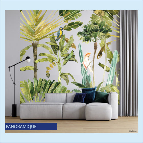 Décor panoramique de motif Jungle représentant des plantes tropicales et des animaux comme des perroquets